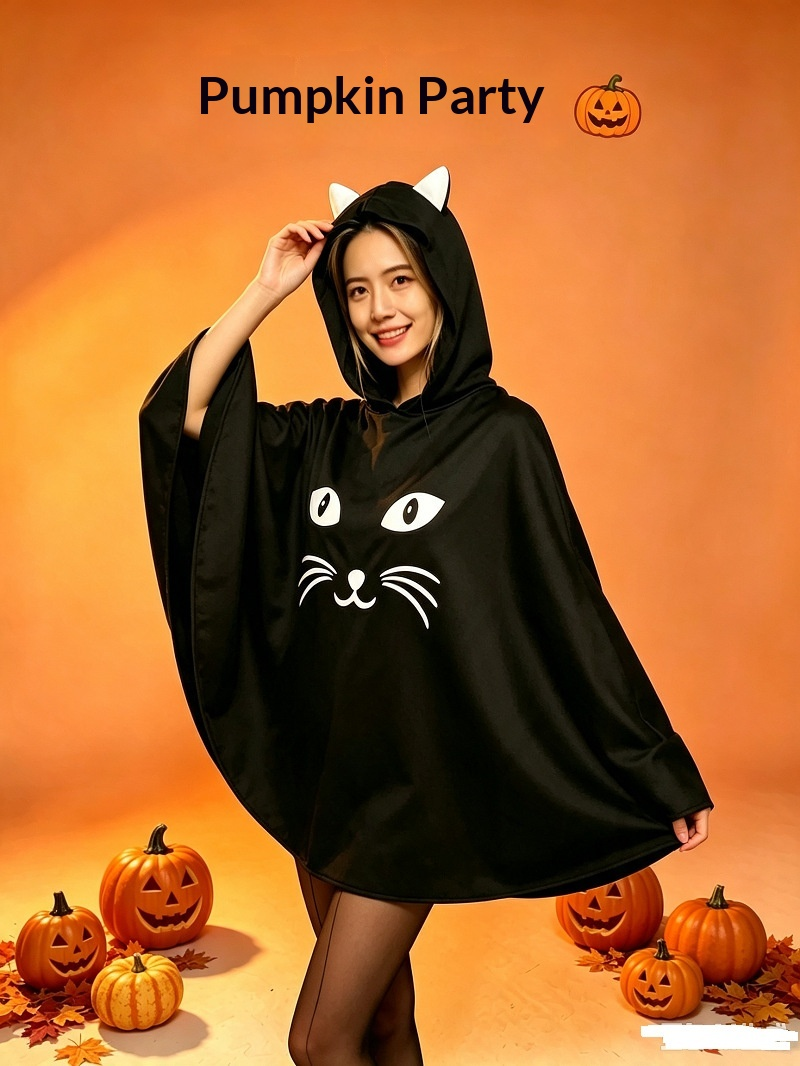 Black Cat Hooded Halloween Poncho Costume with Cat Ears