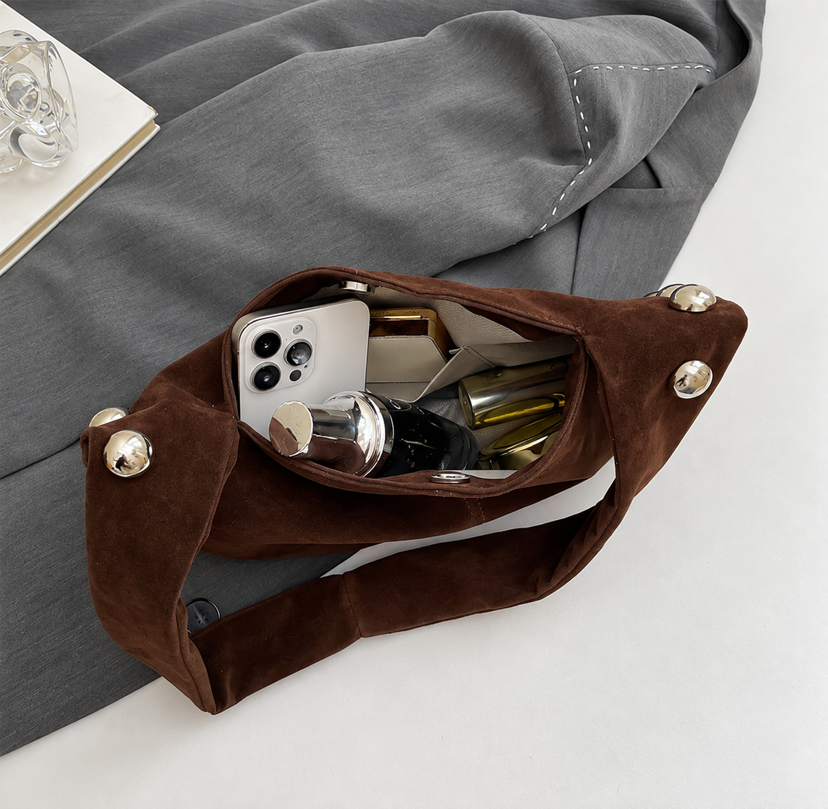 Suede Studded Hobo Shoulder Bag