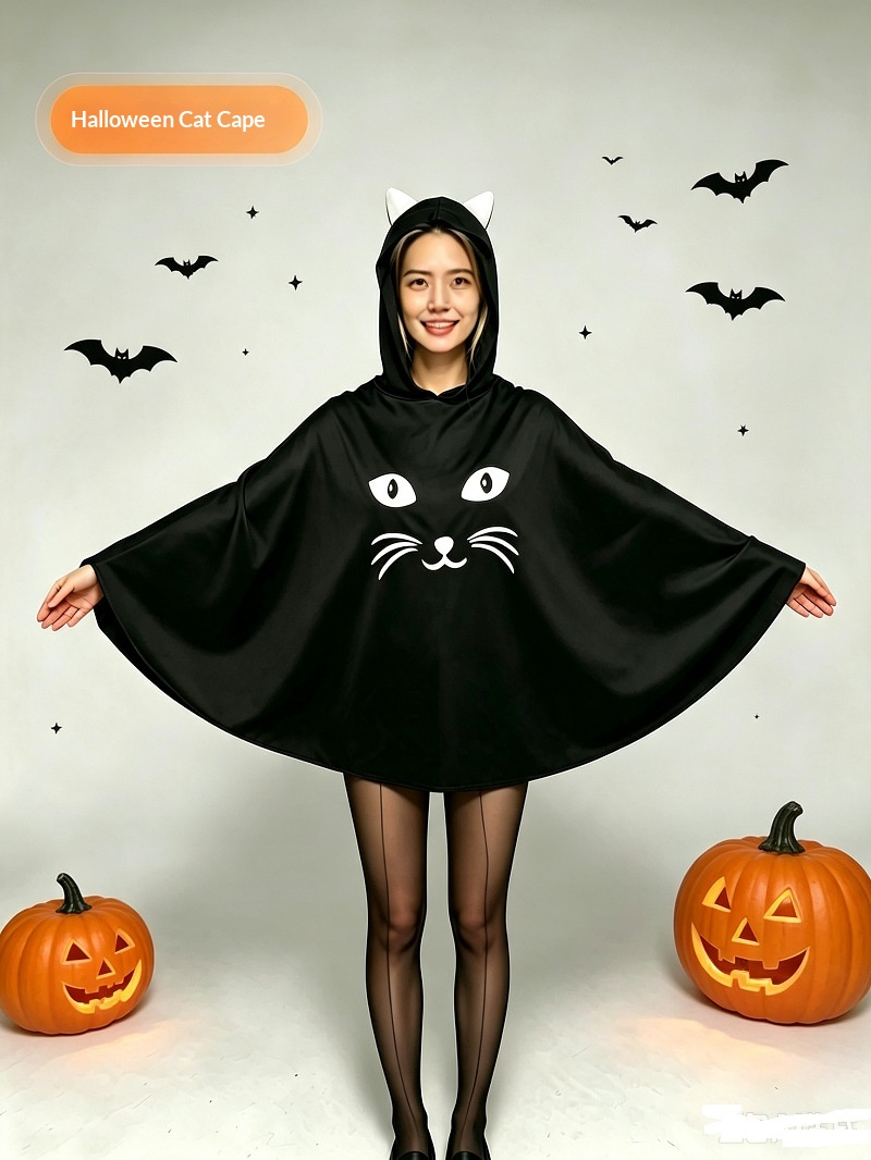 Black Cat Hooded Halloween Poncho Costume with Cat Ears