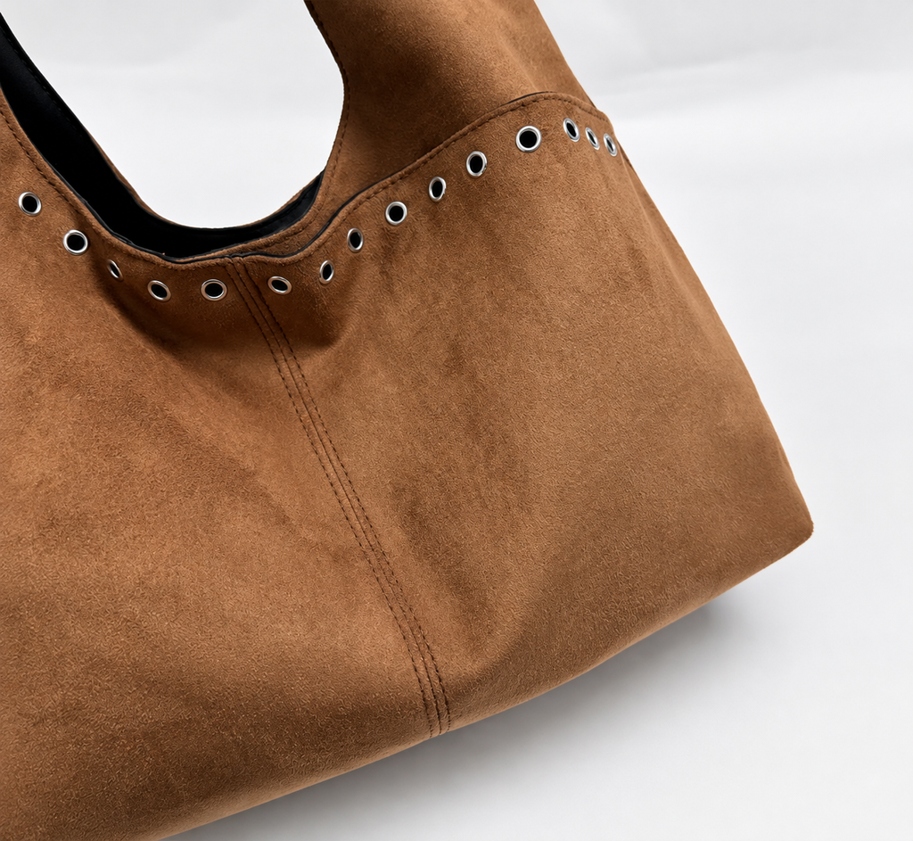 Soft Suede Hobo Bag with Bold Eyelet Accents