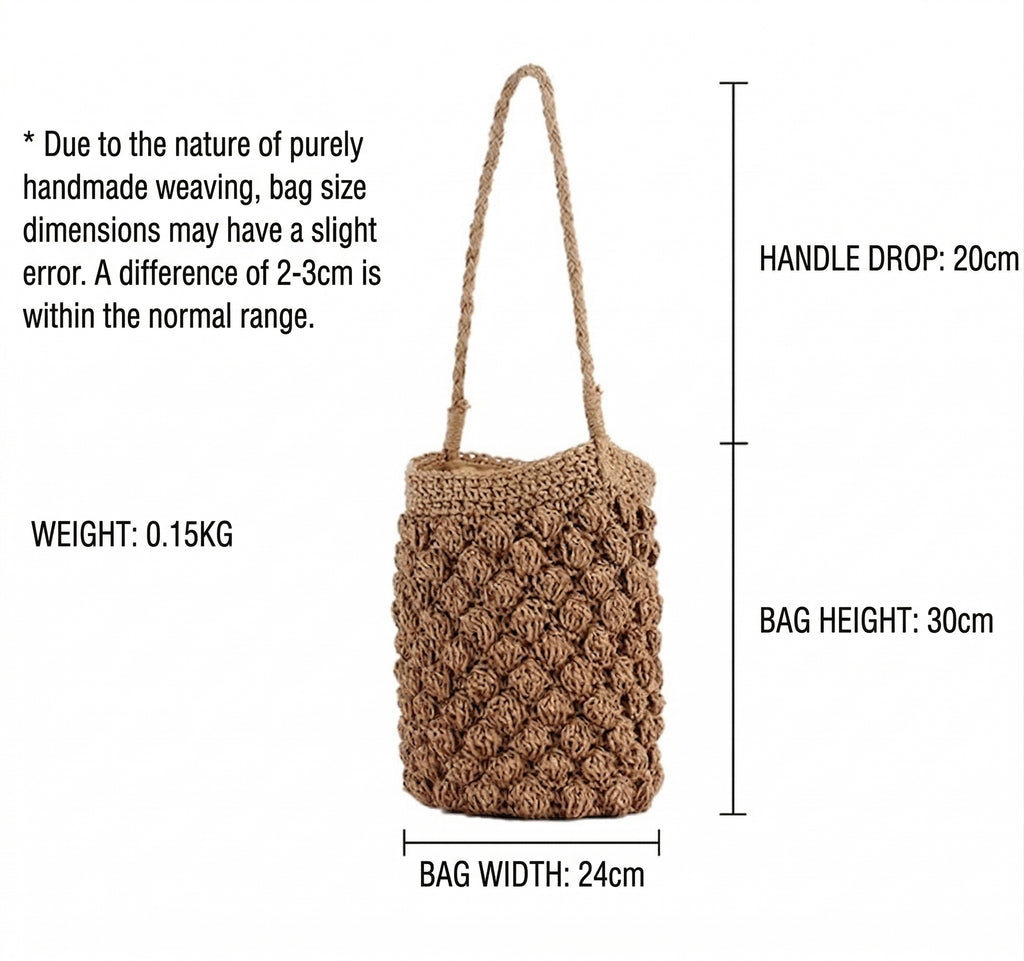 Women Cylindrical Paper Rope Woven Bucket Beach Vacation Handbag