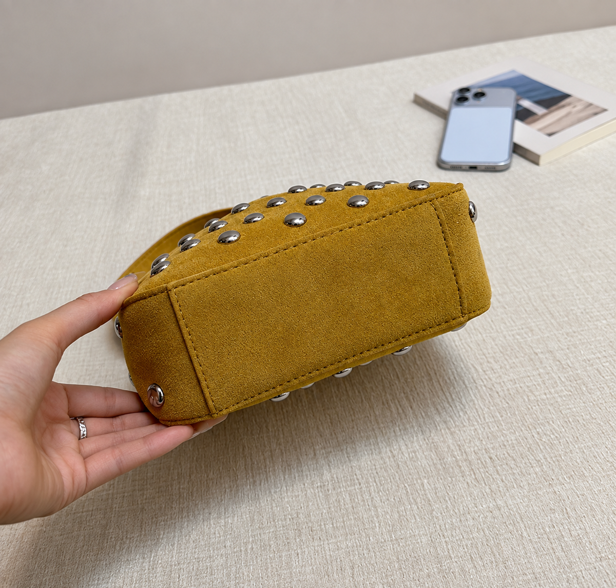 Suede Studded Shoulder Bag with Sleek Zipper Closure