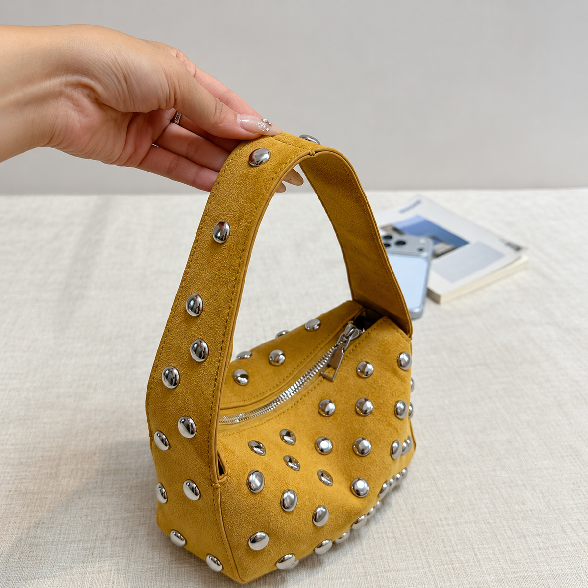 Suede Studded Shoulder Bag with Sleek Zipper Closure