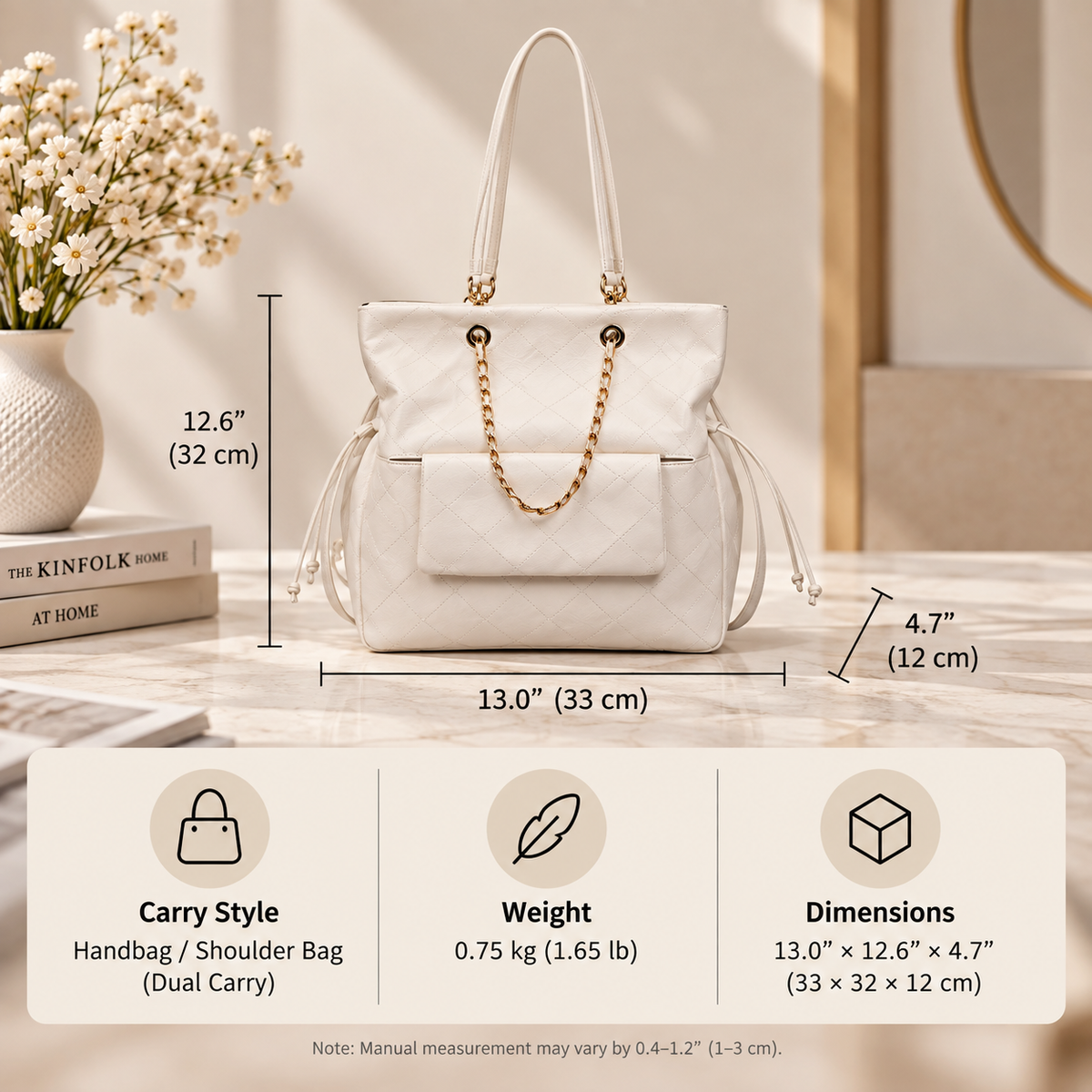 Glossy Quilted Convertible Backpack Tote Bag with Chain Detail
