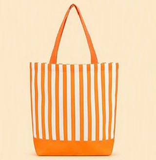 Striped Patchwork Double Handle Woven Polyester Tote Bag