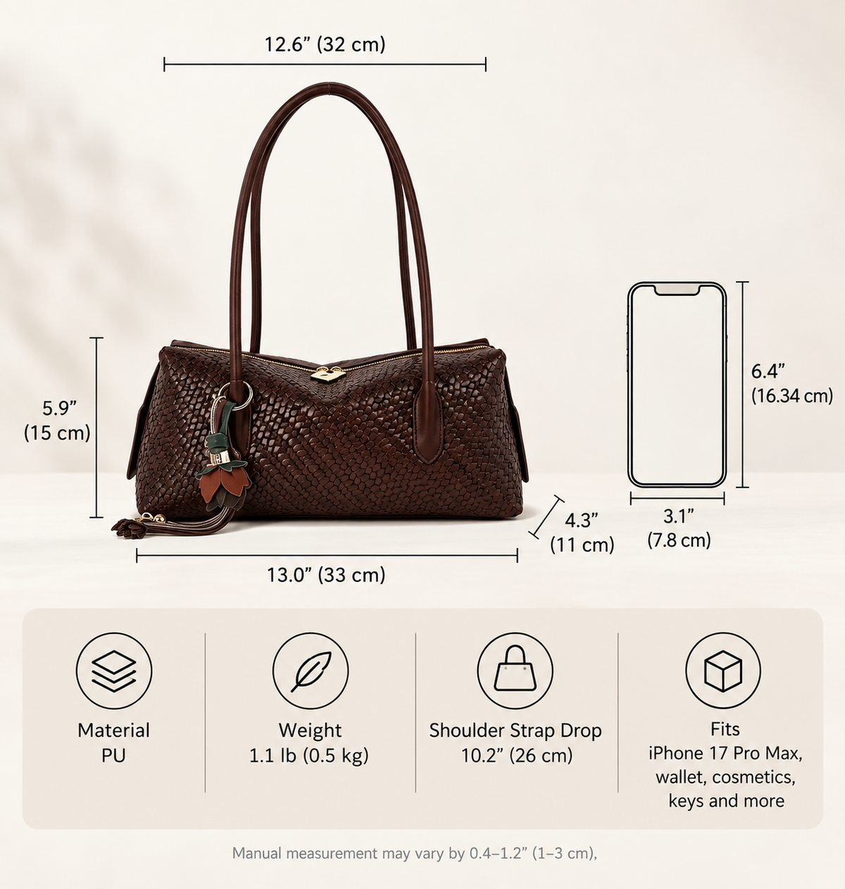 Vintage Woven East-West Shoulder Bag with Charm Detail