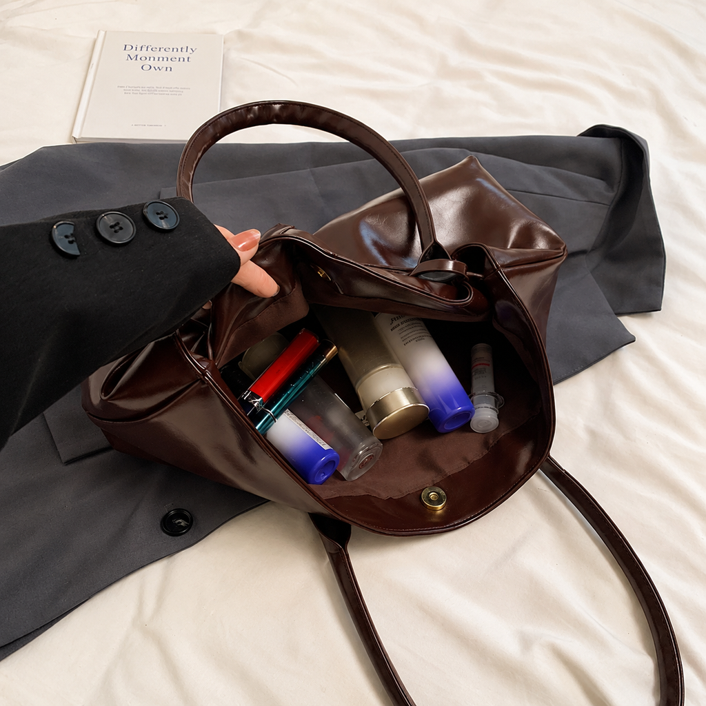 Glossy East-west Shoulder Bag with Elegant Belted Detailing