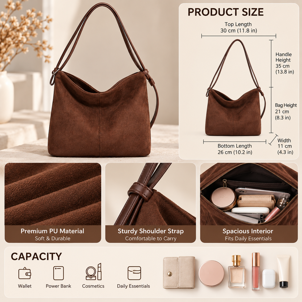 Vintage Suede-Look Hobo Shoulder Bag