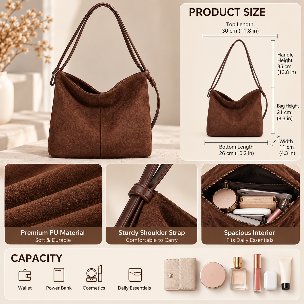 Vintage Suede-Look Hobo Shoulder Bag