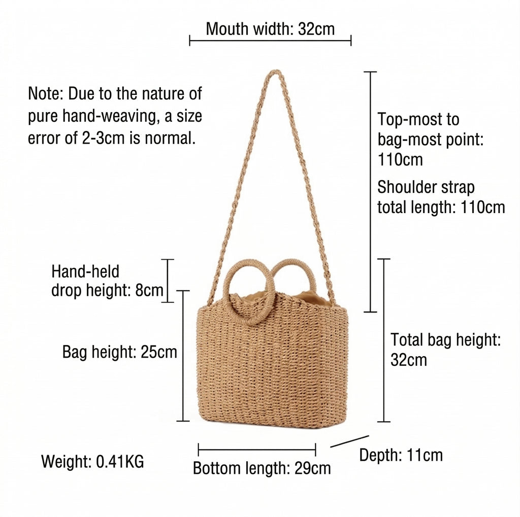 Women Solid Color Woven Beach Bag, Round Handle 2-in-1 Shoulder Handbag