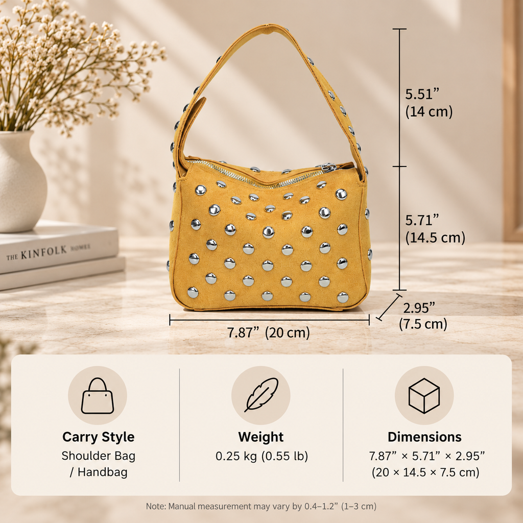Suede Studded Shoulder Bag with Sleek Zipper Closure