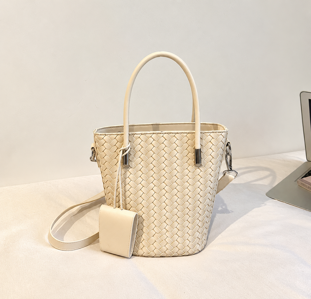 Woven Bucket Bag with Detachable Strap and Zipper