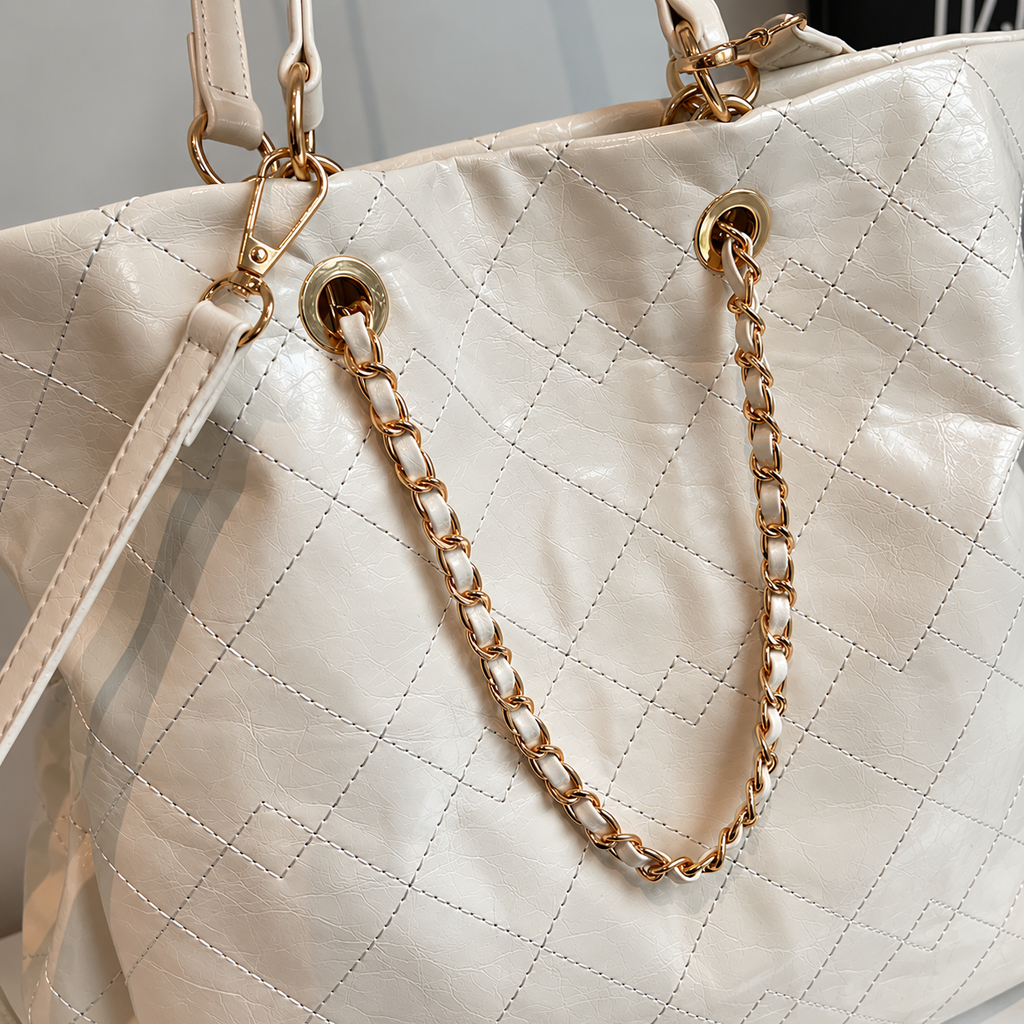Glossy Quilted Convertible Backpack Tote Bag with Chain Detail