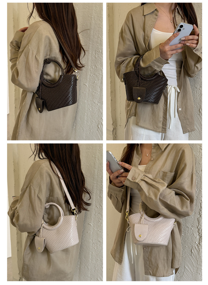 Woven Mini Tote Bag with Round Handles and Crossbody Strap