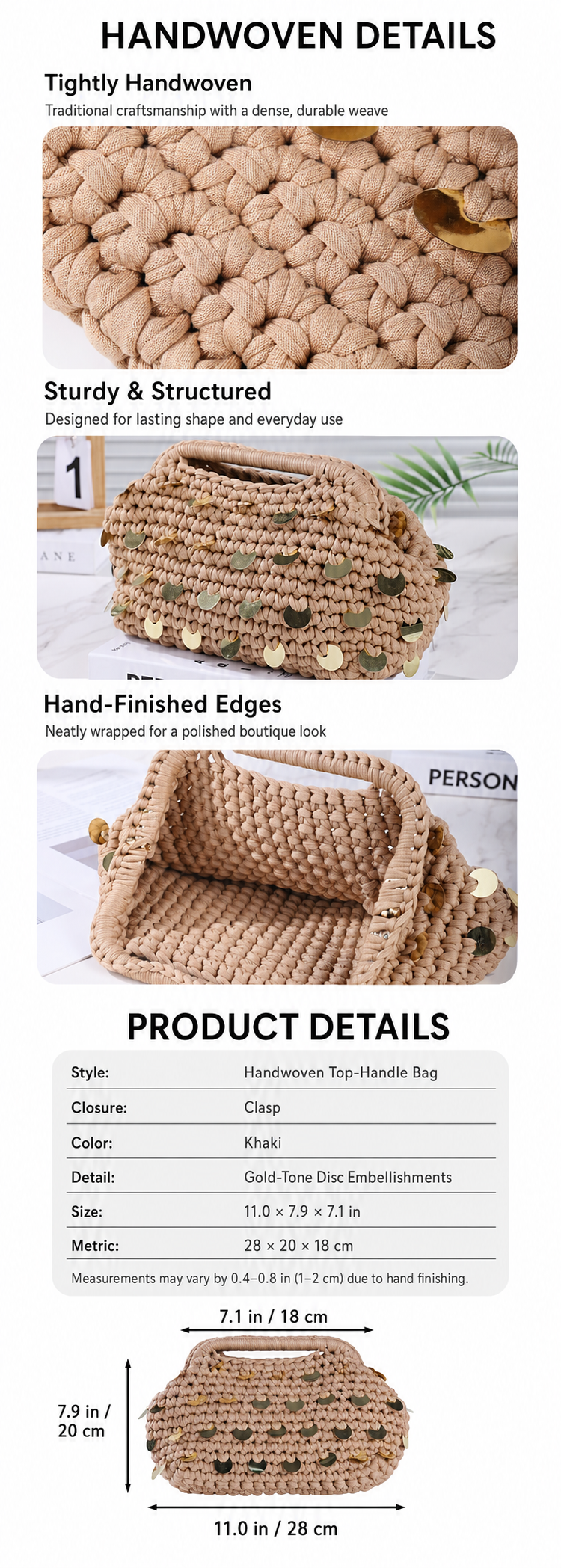Boho Handwoven Sequin Crochet Top Handle Bag