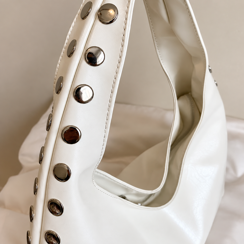 Glossy Hobo Shoulder Bag with Bold Metal Stud Detailing