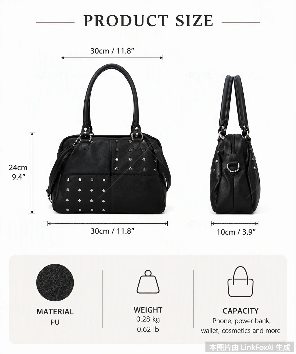 Vintage Studded Satchel Bag with Crossbody Strap