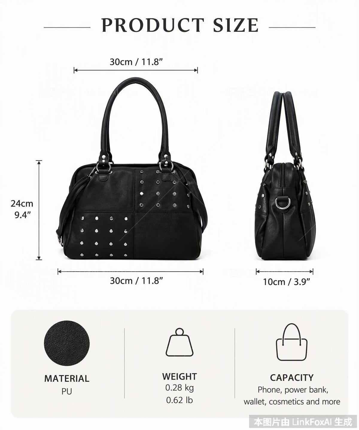 Vintage Studded Satchel Bag with Crossbody Strap