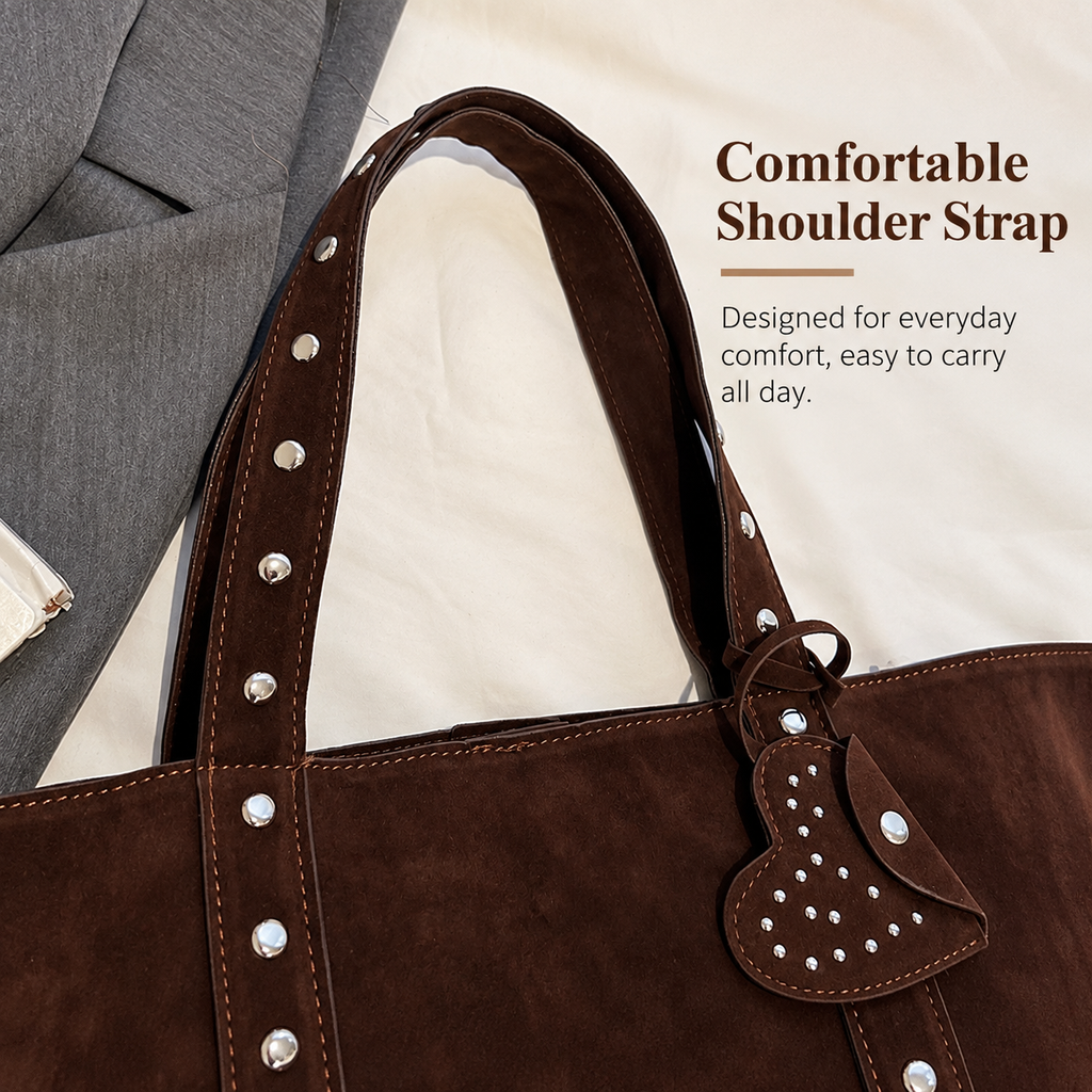 Vintage Suede-Look Studded Tote Bag with Heart Charm