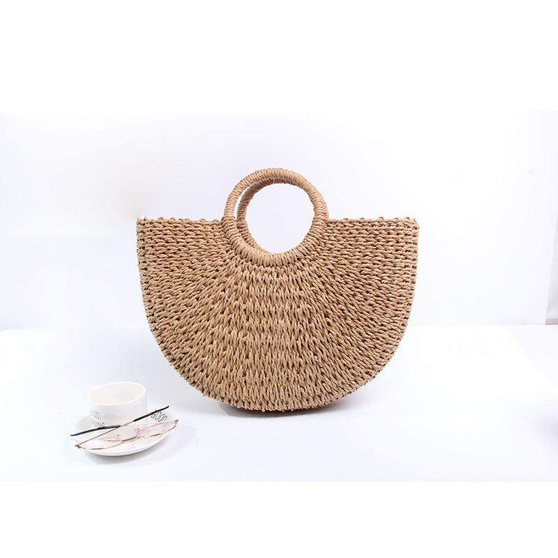 Women Spring Summer New Half Round Straw Paper Rope Handheld Vintage Beach Bag