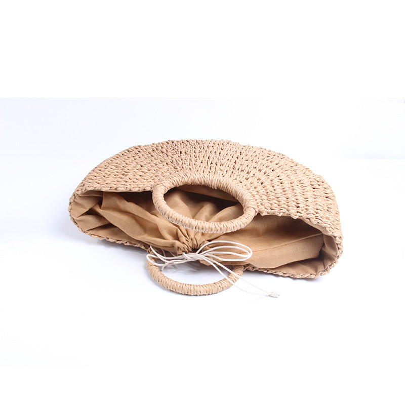 Women Spring Summer New Half Round Straw Paper Rope Handheld Vintage Beach Bag