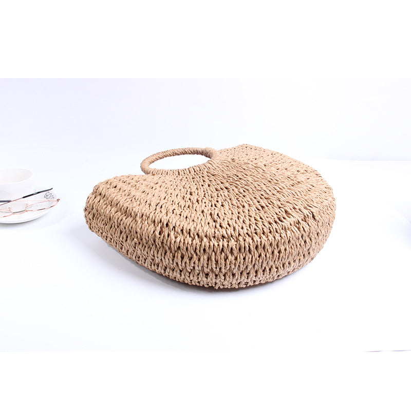 Women Spring Summer New Half Round Straw Paper Rope Handheld Vintage Beach Bag