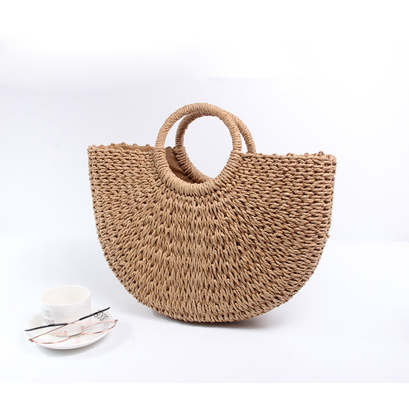 Women Spring Summer New Half Round Straw Paper Rope Handheld Vintage Beach Bag