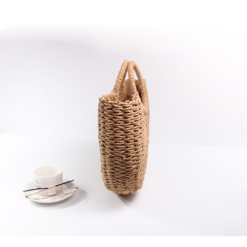 Women Spring Summer New Half Round Straw Paper Rope Handheld Vintage Beach Bag