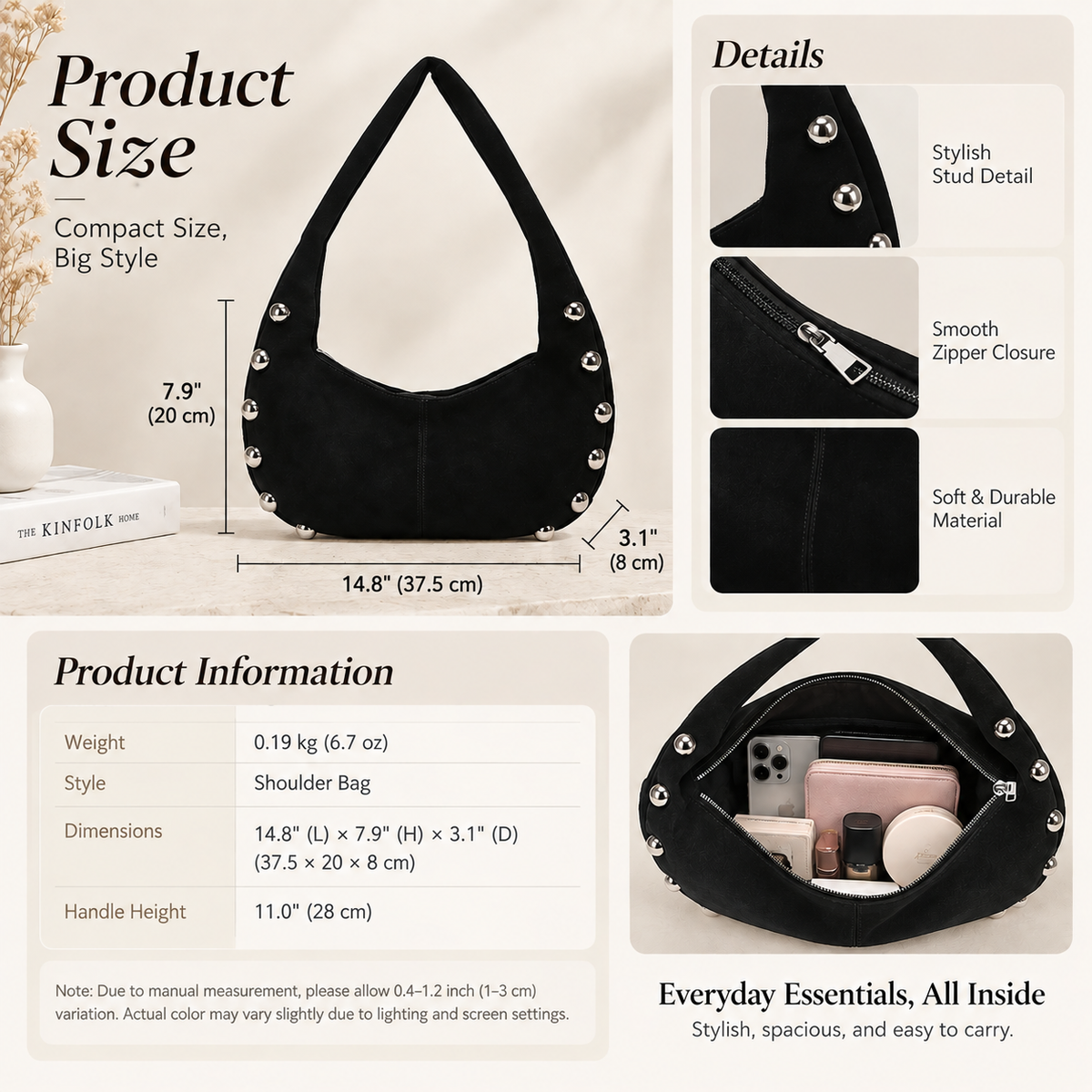 Suede Studded Hobo Shoulder Bag