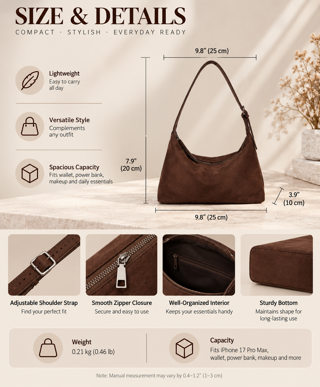 Minimalist Suede Hobo Bag with Adjustable Strap and Zipper