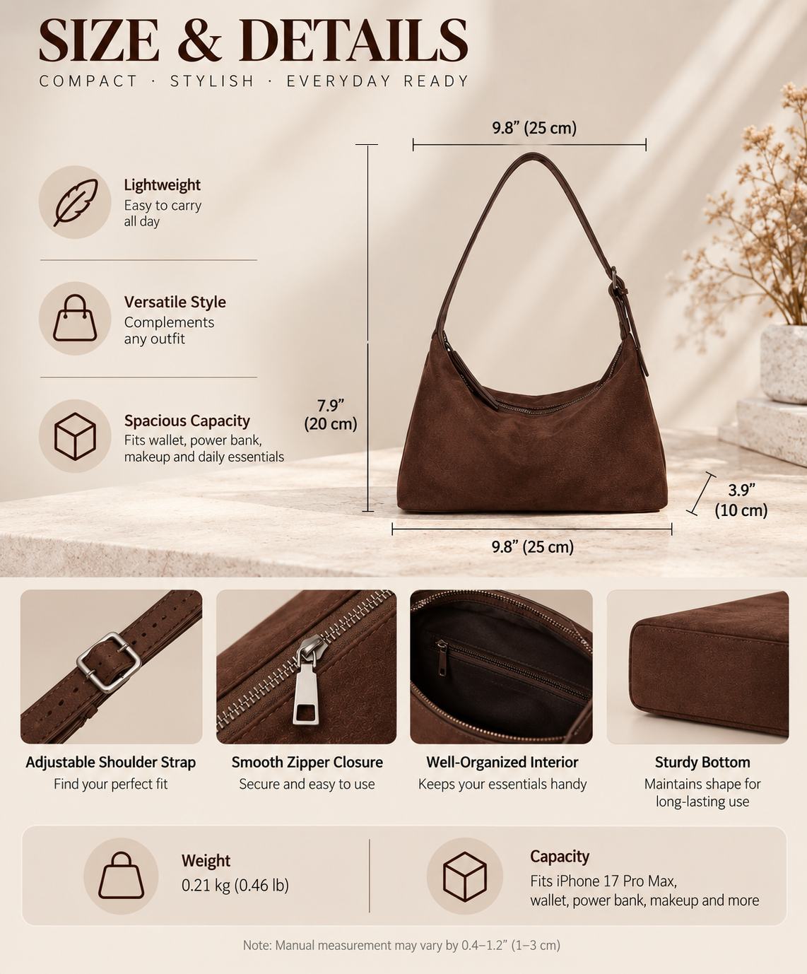 Minimalist Suede Hobo Bag with Adjustable Strap and Zipper