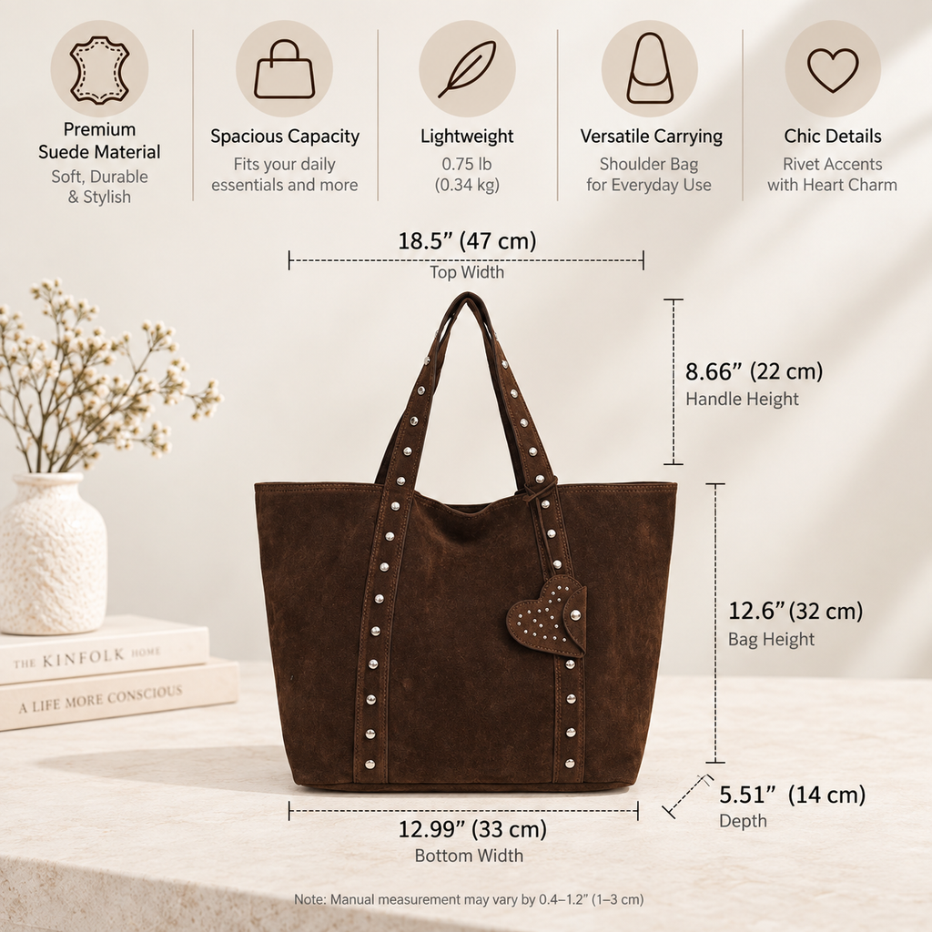 Vintage Suede-Look Studded Tote Bag with Heart Charm
