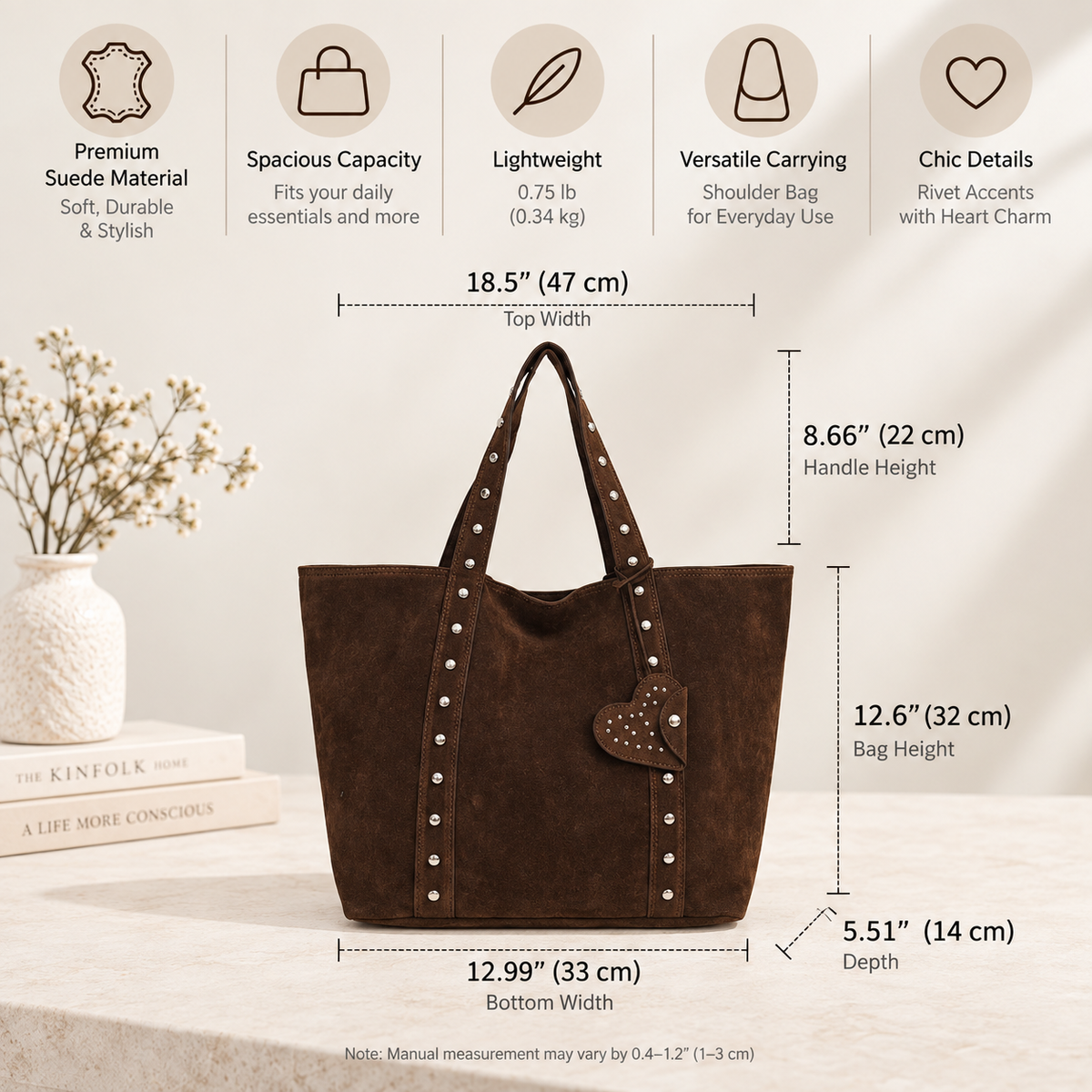 Vintage Suede-Look Studded Tote Bag with Heart Charm