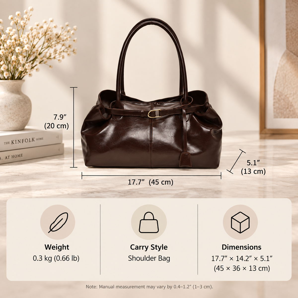 Glossy East-west Shoulder Bag with Elegant Belted Detailing