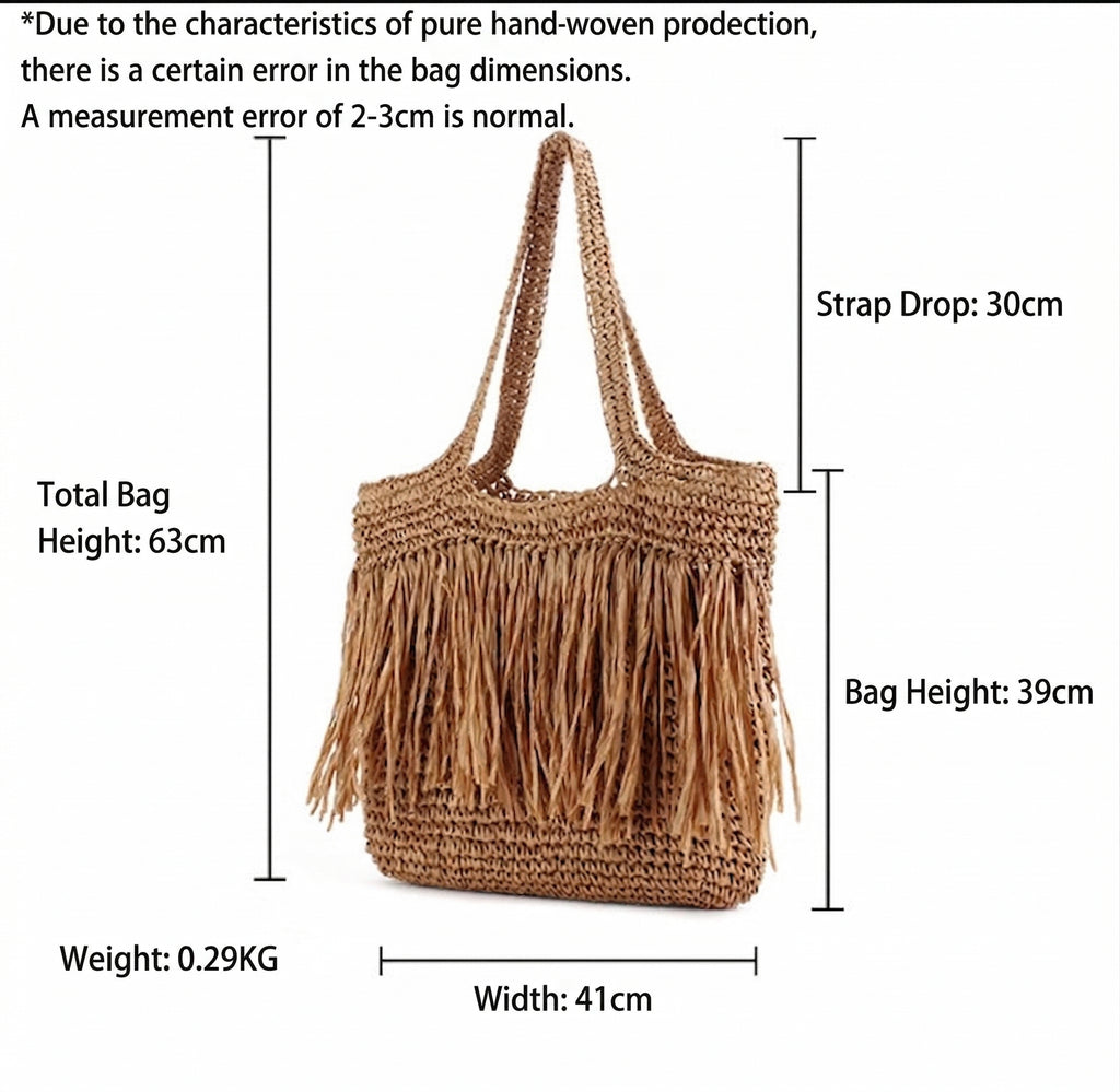 Women Long Tassel Straw Woven Large Capacity Shoulder Beach Vacation Bag