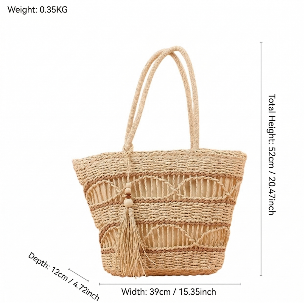 Women Hollow Paper Rope Straw Woven Tassel Travel Vacation Beach Crossbody Shoulder Bag