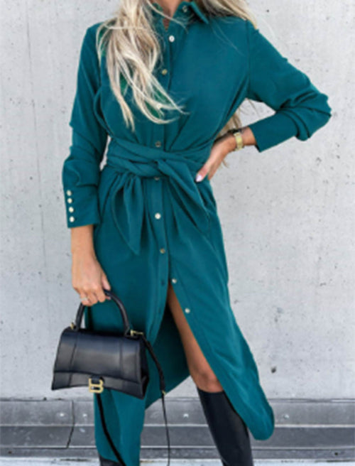 Belted Shirt Dress with Front Slit
