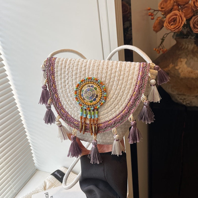 Women Bohemian Tassel 2026 New Ethnic Woven Beach Crossbody Phone Bag