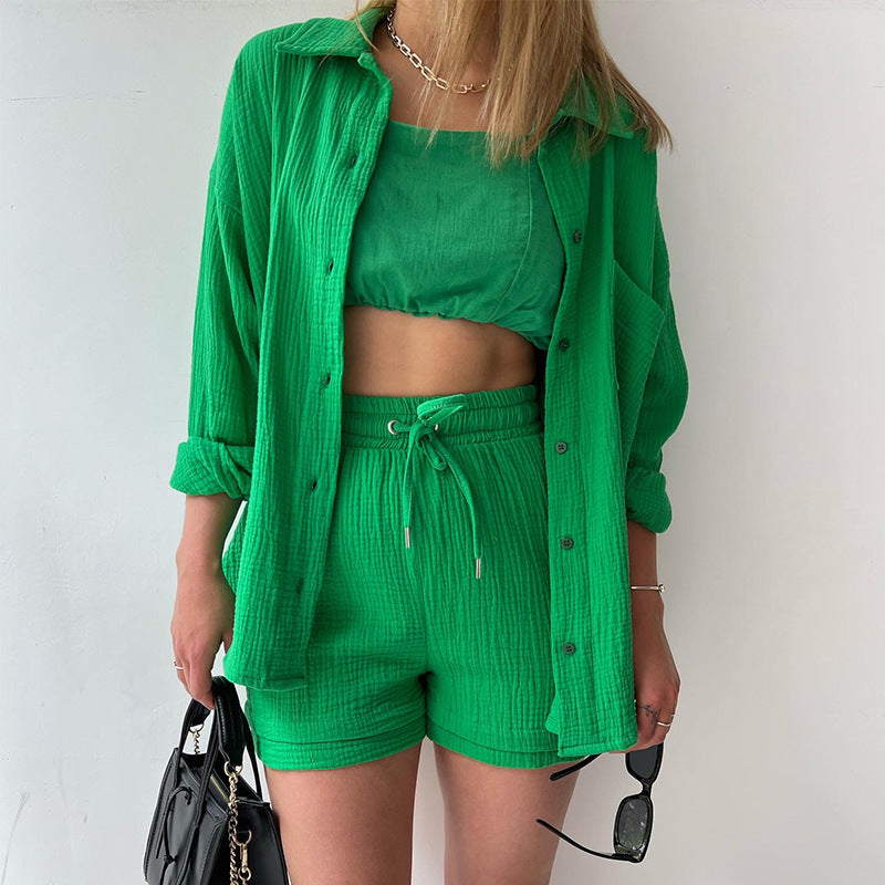 European And American Clothing Two-Piece Set Wrinkled Lapel Long-Sleeved Shirt High-Waisted Drawstring Shorts Large Size Fashion Casual Suit