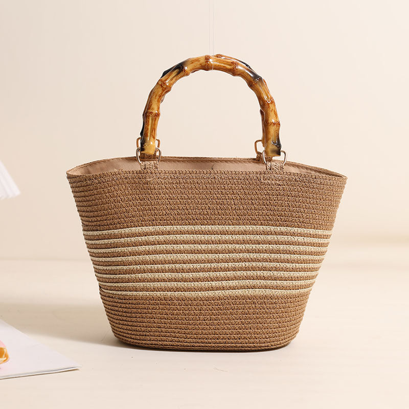 Women Bamboo Handheld Straw New Elegant Striped Woven Beach Bag