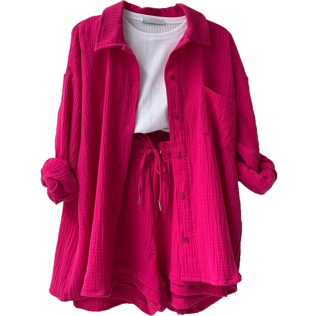 European And American Clothing Two-Piece Set Wrinkled Lapel Long-Sleeved Shirt High-Waisted Drawstring Shorts Large Size Fashion Casual Suit