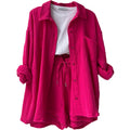 European And American Clothing Two-Piece Set Wrinkled Lapel Long-Sleeved Shirt High-Waisted Drawstring Shorts Large Size Fashion Casual Suit