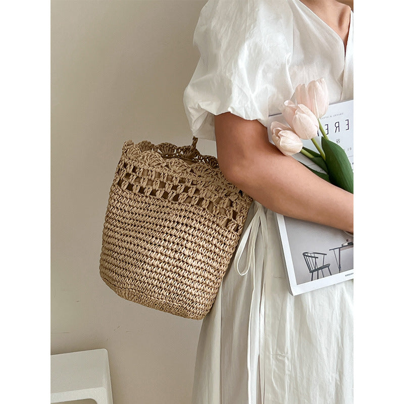 French Raffia One-Shoulder Hollow Lace Woven Beach Bag