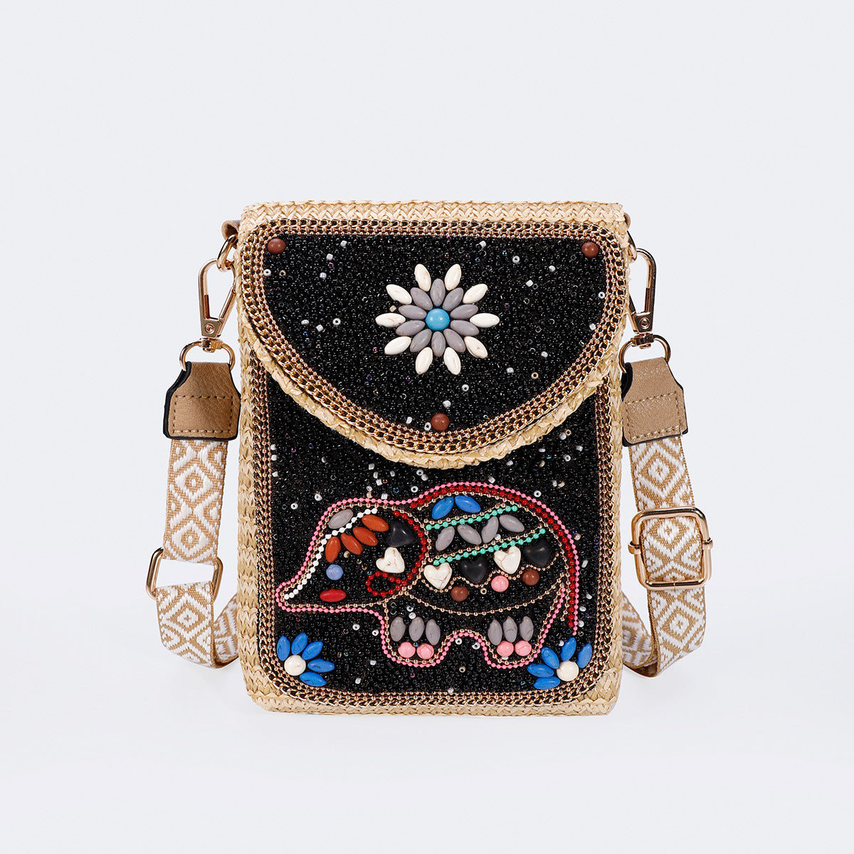 Women Luxury Straw Crossbody Bag, Fashion Beaded Woven Phone Shoulder Bag