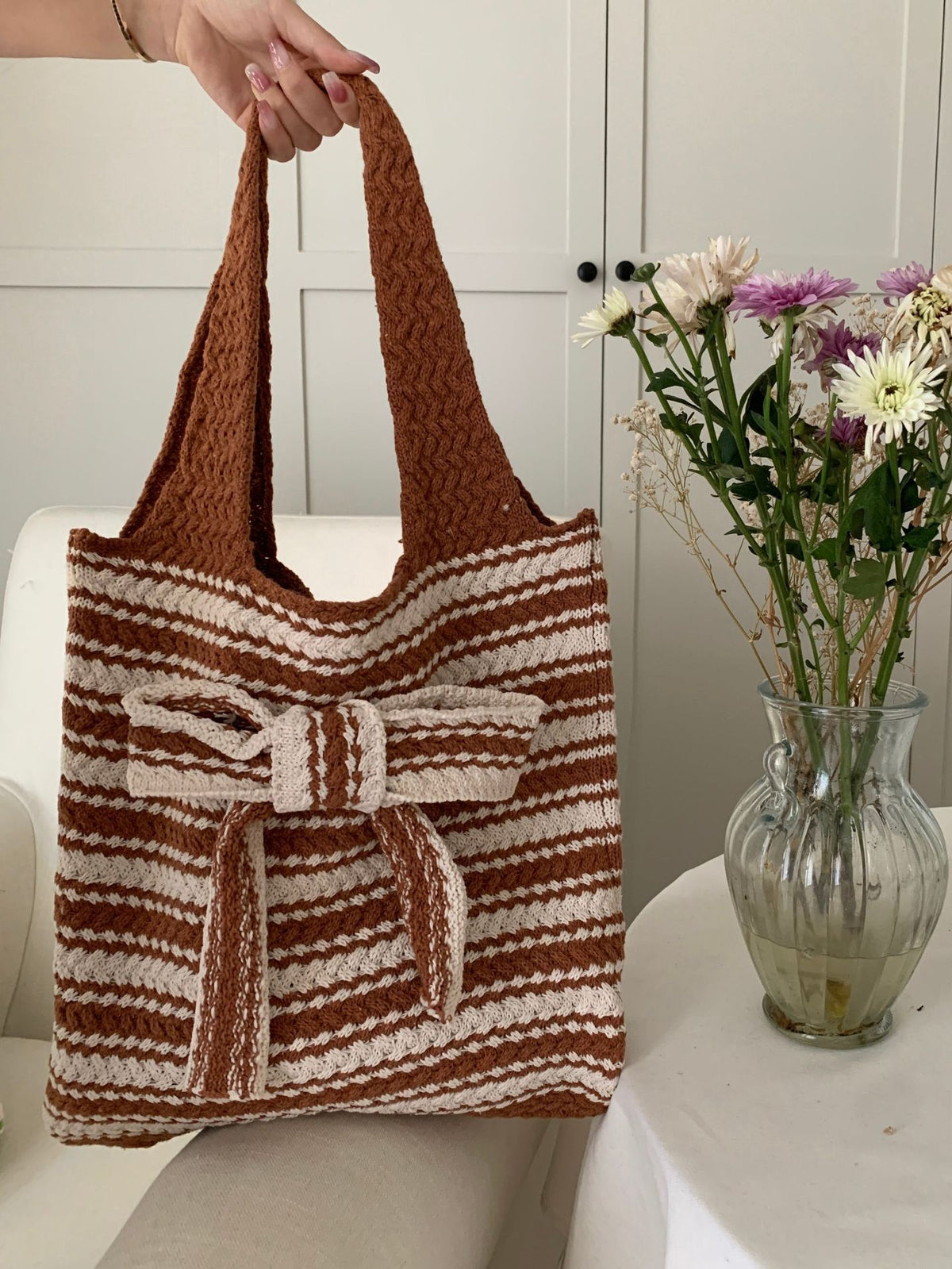 Sweet Striped Crochet Tote with Bow