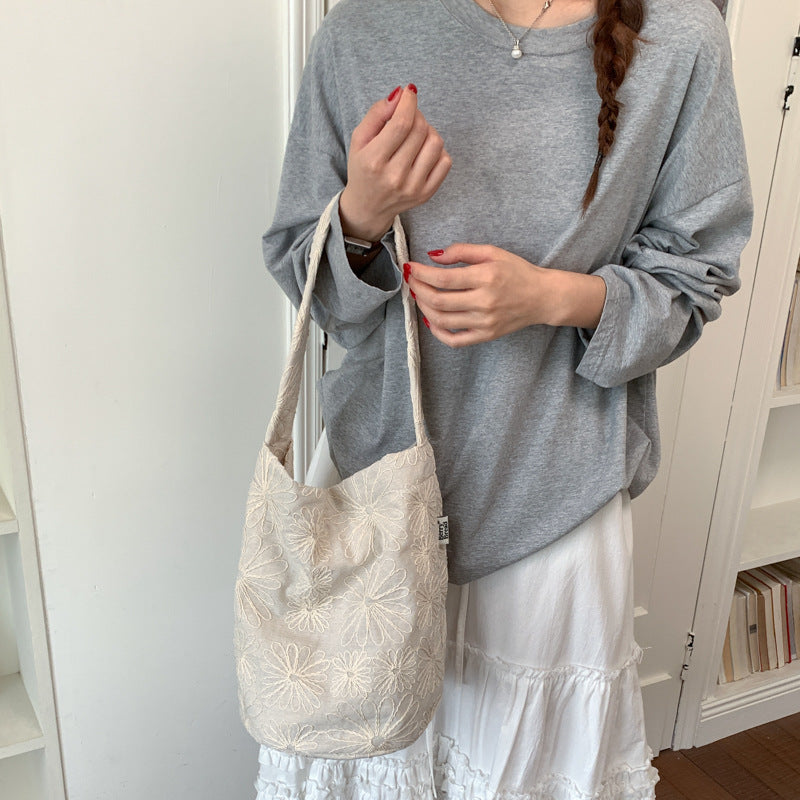 Floral Embroidered Canvas Shoulder Bag