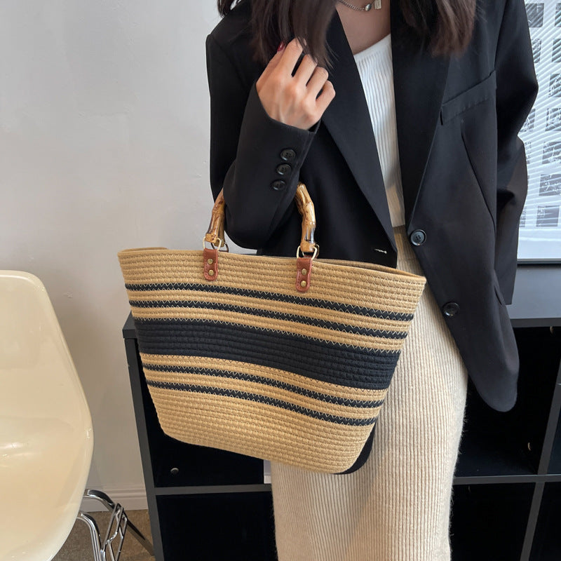 Woven Spliced Single Shoulder Large Capacity Beach Tote Bag