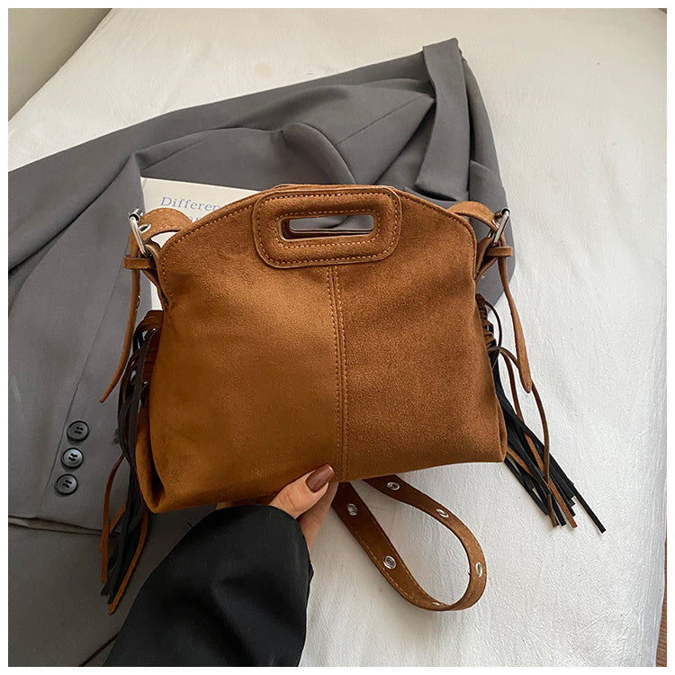 Vintage Faux Suede Fringe Crossbody Bag with Cutout Handle