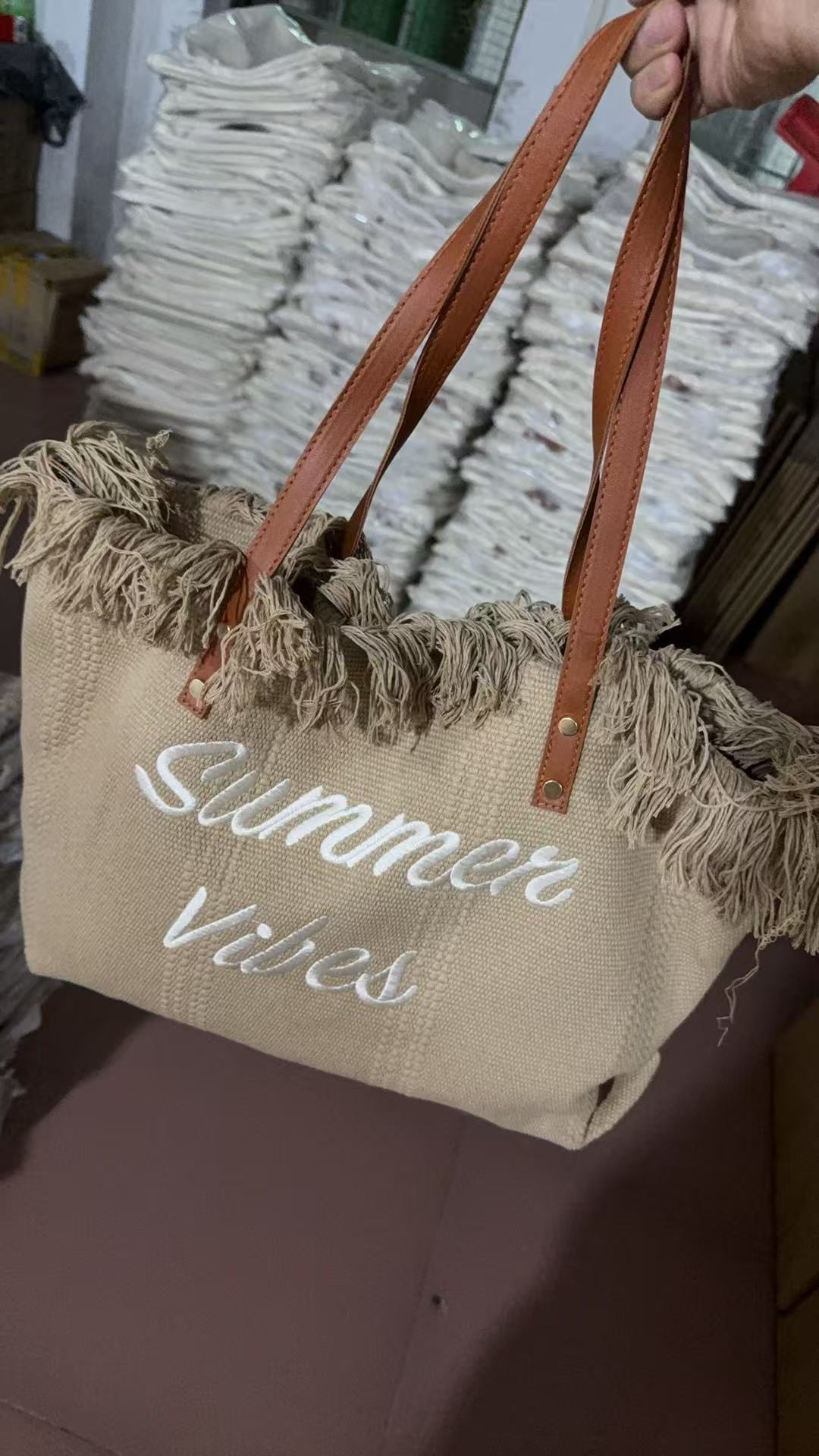 Women Large Canvas Embroidered Letter Tote Handheld Woven Beach Bag
