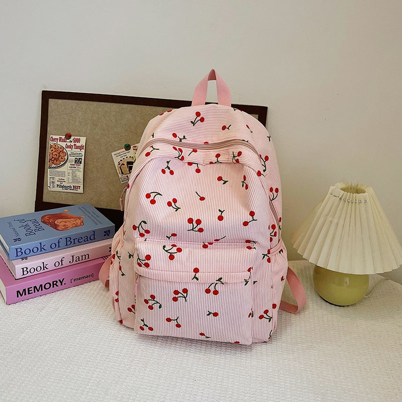 Women Sweet Cherry Corduroy Backpack, Student Travel School Bag